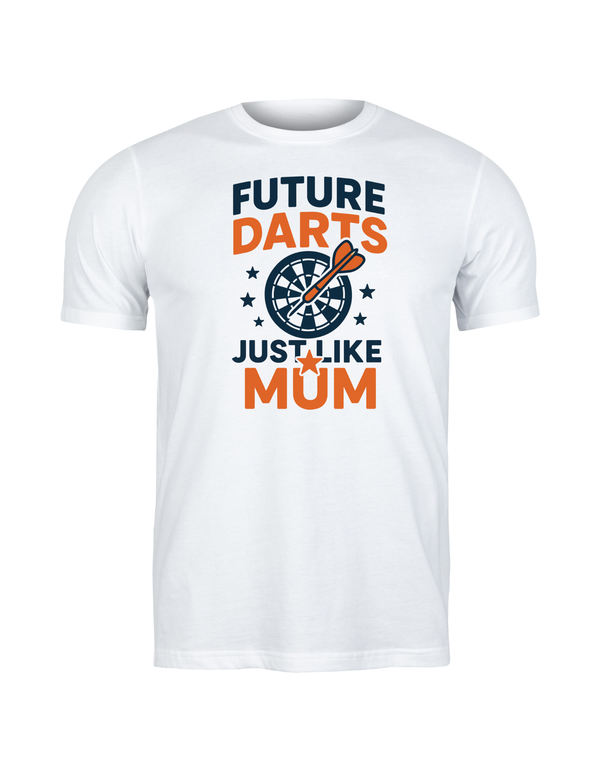 White t-shirt with darts-themed text design on a white background. This is a Cows Corner t-shirt with the funny darts slogan that reads 'Future Darts Star Just Like Mum'.  Cows Corner gifts are perfect for sport-mad fans, these gifts work brilliantly for birthdays, new baby celebrations, Father’s Day, Mother’s Day, Christmas, anniversaries, thank you gifts, end-of-season team awards, graduations, retirements, and just-because moments when you want to raise a smile. 
