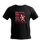 Black t-shirt with pink graphic and text on a white background, with the slogan on the front 'Mum Rucks, Mum Tackles, Mum Wins at Life!