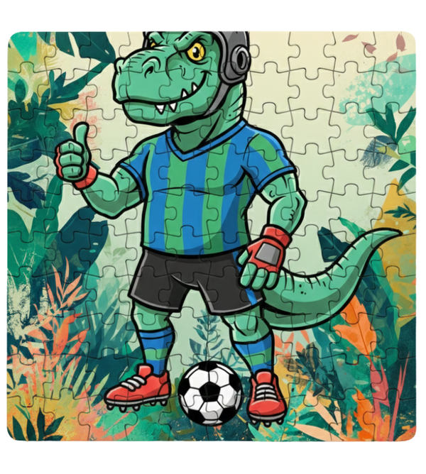 Jigsaw puzzle with a dinosaur character holding a soccer ball on a colorful background. This is a Cows Corner customised jigsaw Cows Corner gifts are perfect for sport-mad fans, these gifts work brilliantly for birthdays, new baby celebrations, Father’s Day, Mother’s Day, Christmas, anniversaries, thank you gifts, end-of-season team awards, graduations, retirements, and just-because moments when you want to raise a smile. 