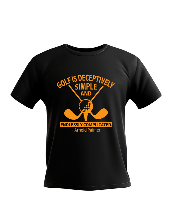 Black t-shirt with a yellow golf-themed design and quote on a white background with a Cows Corner slogan saying Golf is deceptively simple and endlessley complicated - Arnold Palmer