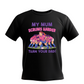 Black t-shirt with rugby-themed graphic and text on a white background, with slogan on the front sating 'My Mum Scrums Harder Than Your Dad!
