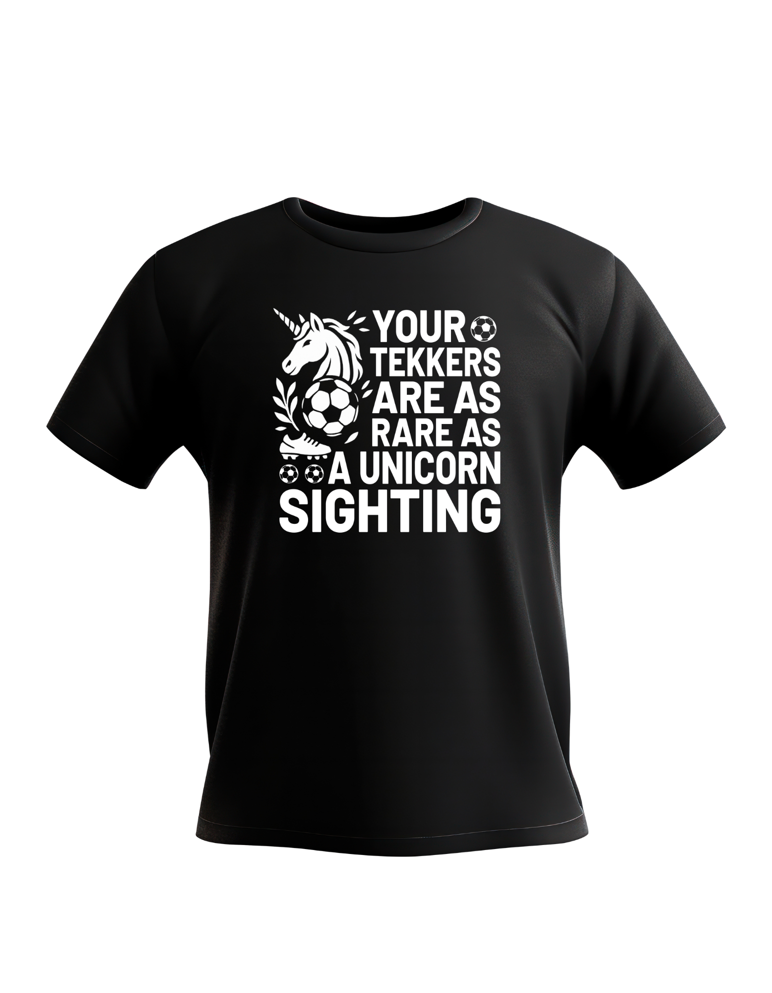 A black t-shirt with the funny football and dad loving slogan on the front that reads 'I Get My Tekkers From Dad'