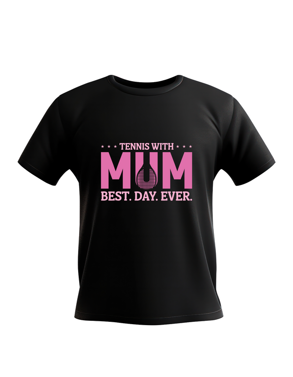 A black t-shirt with the lovely tennis saying on the front that reads 'Tennis with Mums. Best. Day. Ever!'