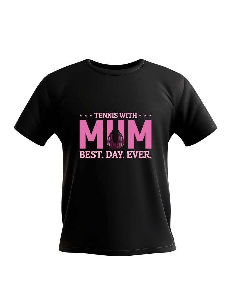 A black t-shirt with the lovely tennis saying on the front that reads 'Tennis with Mums. Best. Day. Ever!'