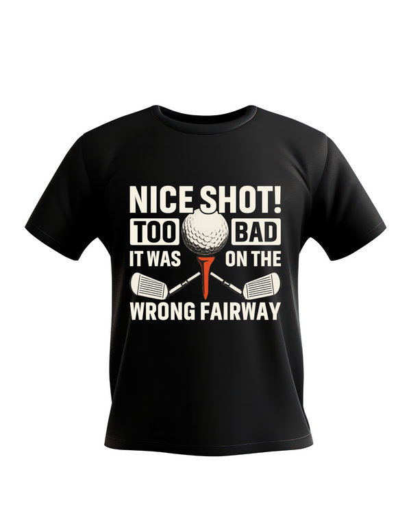 Black t-shirt with golf-themed text and graphics on a white background