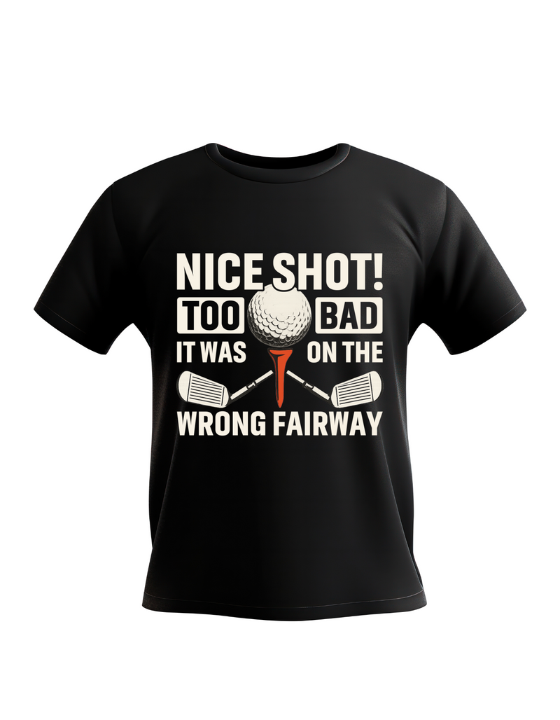 Black t-shirt with golf-themed text and graphics on a white background