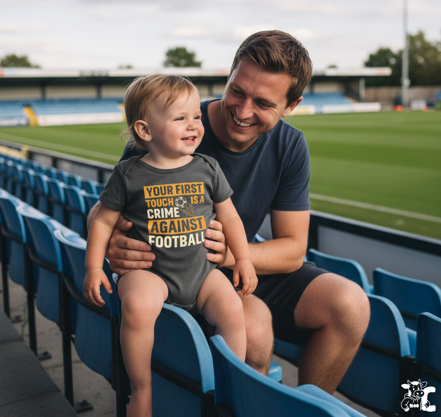 Man and child sitting in stadium seats with a football field background.  The child is wearing a Cows Corner baby grow with the funny football slogan that reads 'Your First Touch Is a Crime Against Football'.  Cows Corner gifts are perfect for sport-mad fans, these gifts work brilliantly for birthdays, new baby celebrations, Father’s Day, Mother’s Day, Christmas, anniversaries, thank you gifts, end-of-season team awards, graduations, retirements, and just-because moments when you want to raise a smile. 

