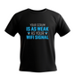 Black t-shirt with blue text and graphics on a white background with a Cows Corner slogan saying Your scrum is as weak as your wifi signal.