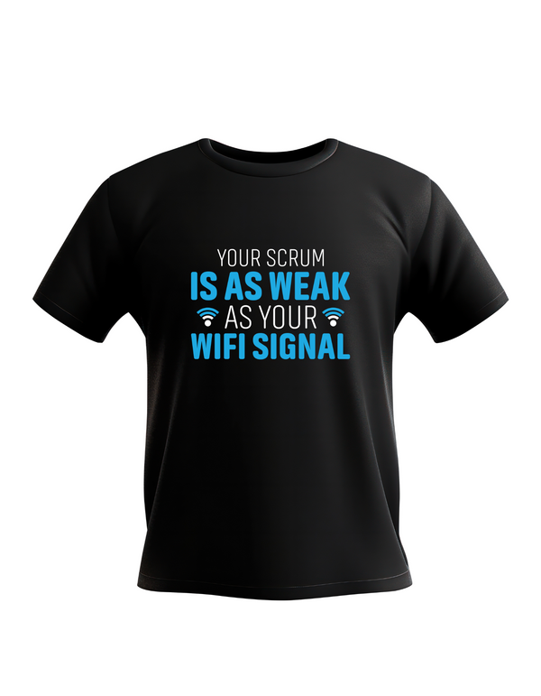 Black t-shirt with blue text and graphics on a white background with a Cows Corner slogan saying Your scrum is as weak as your wifi signal.
