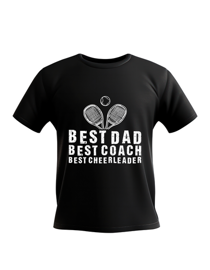 A black T-shirt with the lovely tennis saying on the front that reads 'Best Dad, Best Coach, Best Cheerleader.'