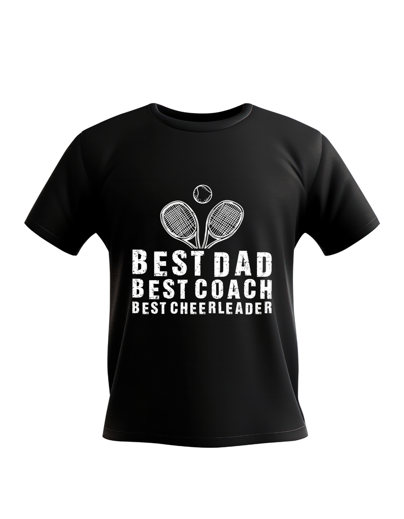 A black T-shirt with the lovely tennis saying on the front that reads 'Best Dad, Best Coach, Best Cheerleader.'