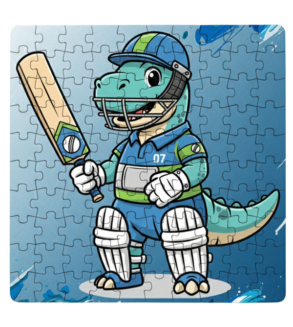 Jigsaw puzzle with a cartoon dinosaur playing cricket on a blue background. This is a Cows Corner customised jigsaw Cows Corner gifts are perfect for sport-mad fans, these gifts work brilliantly for birthdays, new baby celebrations, Father’s Day, Mother’s Day, Christmas, anniversaries, thank you gifts, end-of-season team awards, graduations, retirements, and just-because moments when you want to raise a smile. 