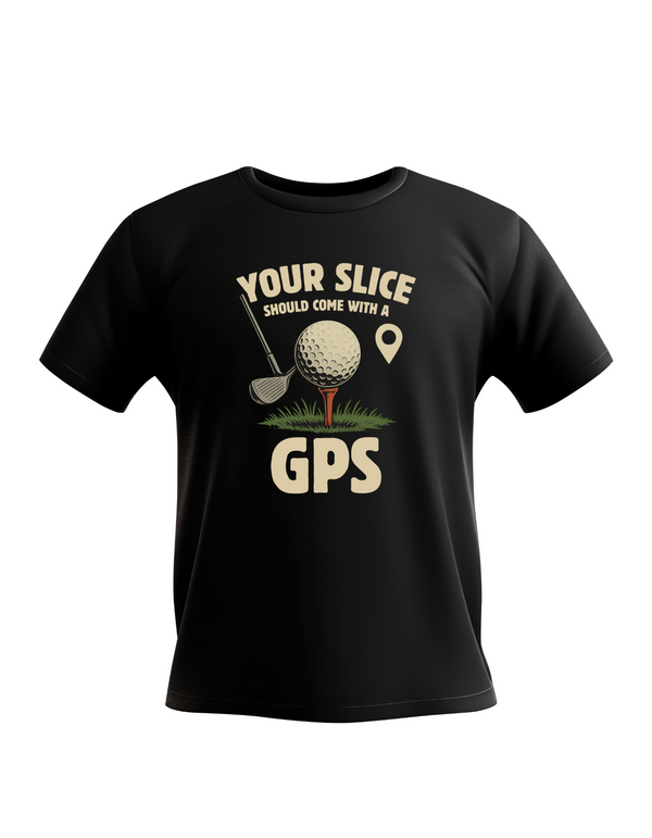 Black t-shirt with golf-themed graphic and text on a white background, with a Cows Corner slogan saying Your slice should come with a GPS