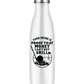 White water bottle with black graphic and text on a white background