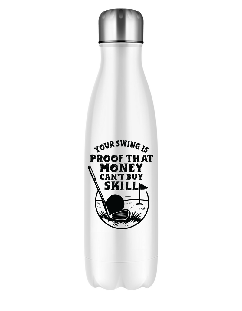White water bottle with black graphic and text on a white background