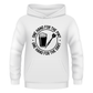 White hoodie with black graphic and text on a white background with a Cows Corner slogan saying one hand for the pint one hand for the dart