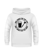 White hoodie with black graphic and text on a white background with a Cows Corner slogan saying one hand for the pint one hand for the dart