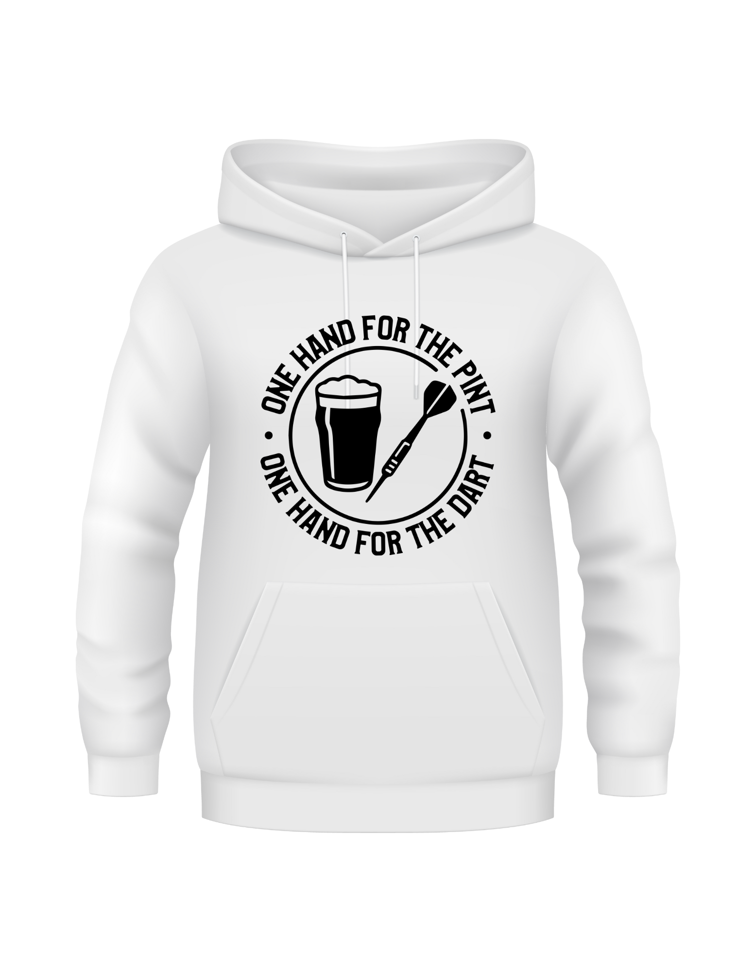 White hoodie with black graphic and text on a white background with a Cows Corner slogan saying one hand for the pint one hand for the dart