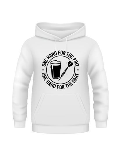 White hoodie with black graphic and text on a white background with a Cows Corner slogan saying one hand for the pint one hand for the dart