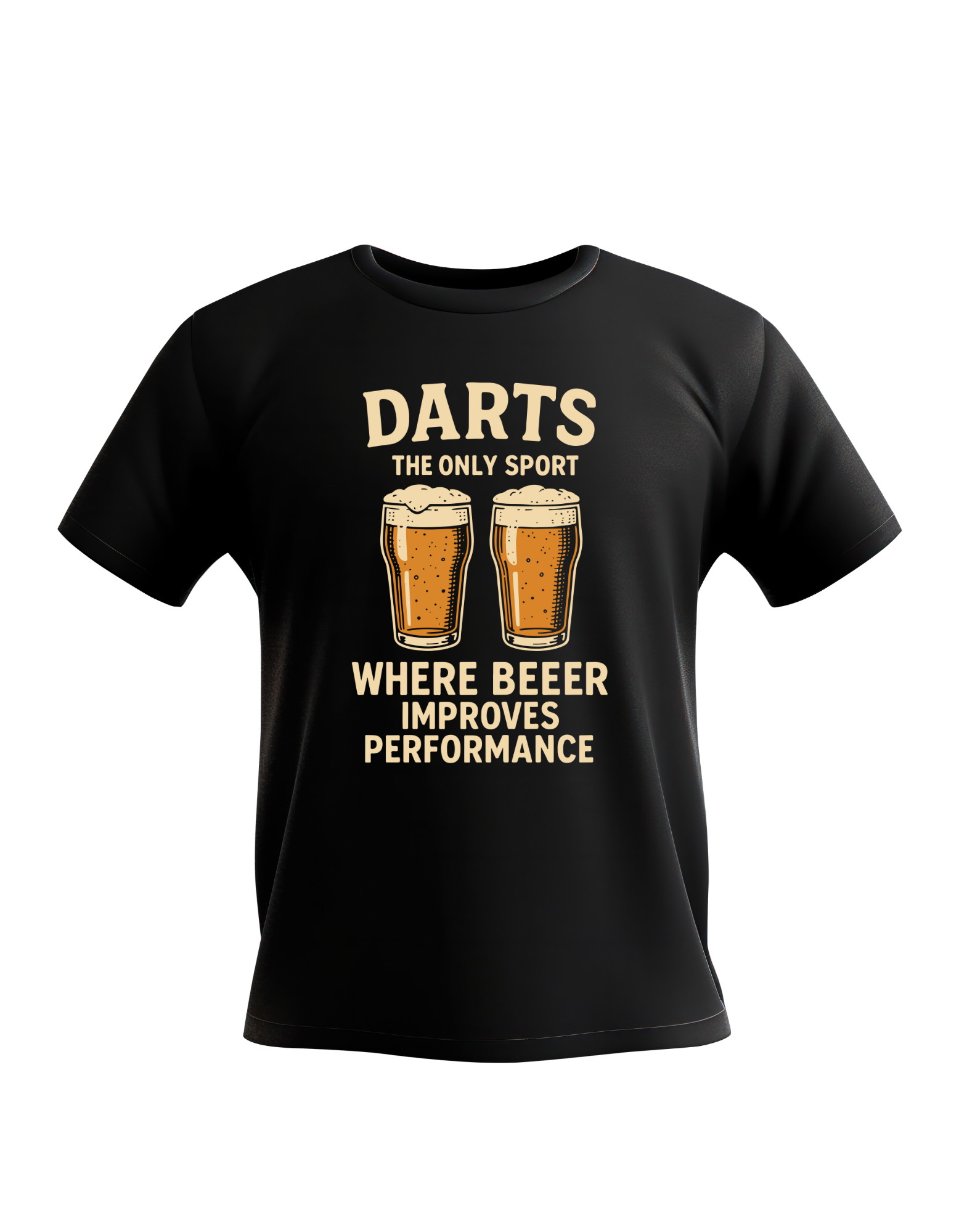 Black t-shirt with darts and beer graphic and text on a white background with a Cows Corner slogan saying Darts the only sport where beeer improves performance.