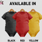 Three baby bodysuits in black, red, and yellow on hangers with text indicating availability and what colours you can print Cows Corner funny cricket, football, Tennis, golf, rugby and Darts slogans on - the perfect gift for all newborn sports fans and perfect for birthdays, baby showers, Christmas and christenings or just a thoughtful gift.