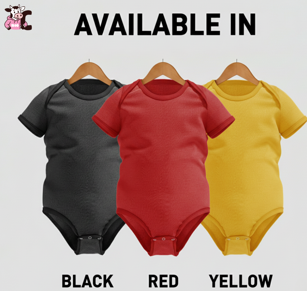 Three baby bodysuits in black, red, and yellow on hangers with text indicating availability and what colours you can print Cows Corner funny cricket, football, Tennis, golf, rugby and Darts slogans on - the perfect gift for all newborn sports fans and perfect for birthdays, baby showers, Christmas and christenings or just a thoughtful gift.