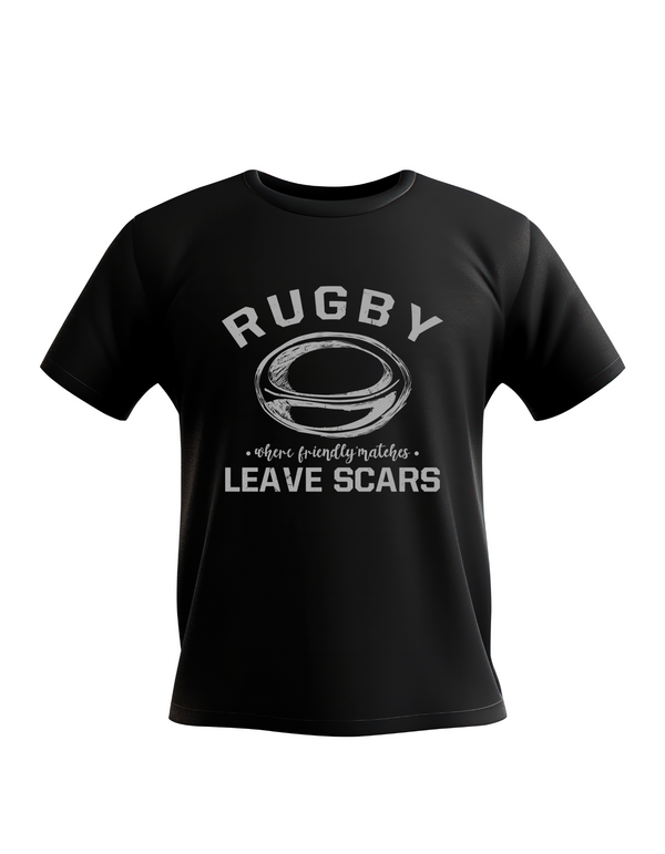 Black t-shirt with white rugby graphic and text on a white background with a Cows Corner slogan saying Rugby where friendly matches leave scars.