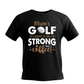 Black t-shirt with golf-themed text design on a white background with a Cows Corner slogan saying Mums golf game is as strong as her coffee.