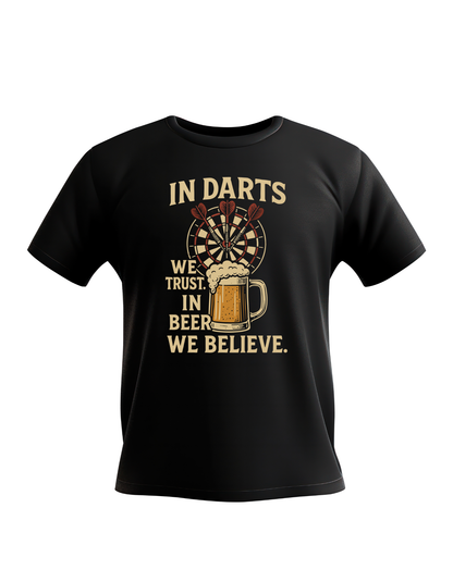 Black t-shirt with a graphic design featuring a dartboard, beer mug, and text on a white background with a Cows Corner slogan In darts we trust, in beer we believe.