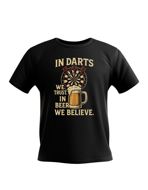 Black t-shirt with a graphic design featuring a dartboard, beer mug, and text on a white background with a Cows Corner slogan In darts we trust, in beer we believe.