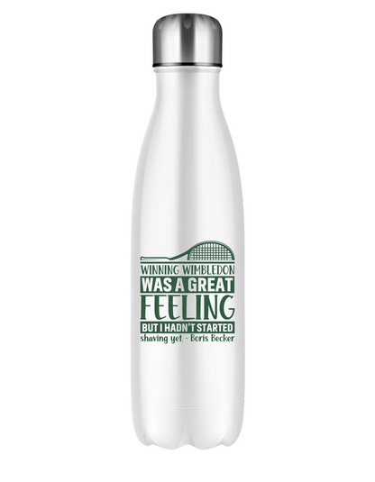 A 500ml white stainless steal water bottle with a funny tennis slogan on the front saying 'Winning Wimbledon Was a Great Feeling, but I Hadn’t Started Shaving Yet – Boris Becker'