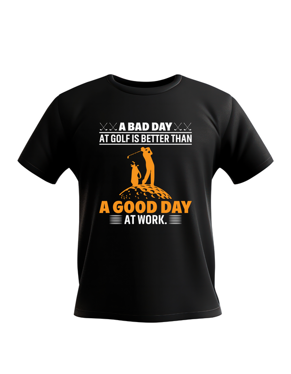 Black t-shirt with golf-themed text and graphics on a white background with a Cows Corner slogan saying A bad day at the golf is better than a good day at work.