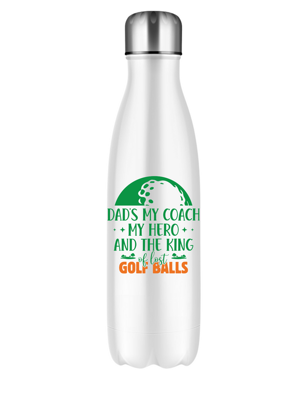 White water bottle with golf-themed text and design on a white background with a Cows Corner slogan, Best dad by par.