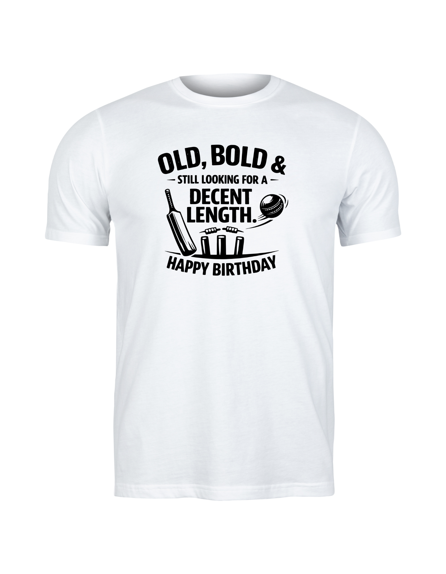 White t-shirt with black text and graphics on a white background.  This is a Cows Corner t-shirt with the funny cricket birthday slogan 'Old, Bold & Still Looking for a Decent Length. Happy Birthday'. Cows Corner gifts are perfect for sport-mad fans, these gifts work brilliantly for birthdays, new baby celebrations, Father’s Day, Mother’s Day, Christmas, anniversaries, thank you gifts, end-of-season team awards, graduations, retirements, and just-because moments when you want to raise a smile. 
