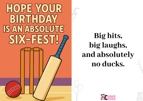 Birthday card with cricket-themed elements and humorous text on an orange and white background with Cows Corner slogan, hope your birthday is an absolute six-fest