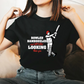 A lady wearing a black t-shirt with Bowled & Bamboozled and Still Looking Better Than You on the front. A Funny Cricket T-Shirt, Premium Fabric, Multiple adult Sizes