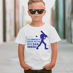 A little boy wearing a white t-shirt with Dad Bowled Me Over With His Dad Jokes on the front. A Funny Cricket T-shirt For Kids, Premium Fabric, Multiple Junior Sizes, Perfect For Boys And Girls