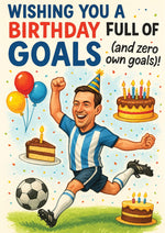 Birthday card with soccer player celebrating, surrounded by balloons, cakes, and a soccer ball.  A Cows Corner personalised card
