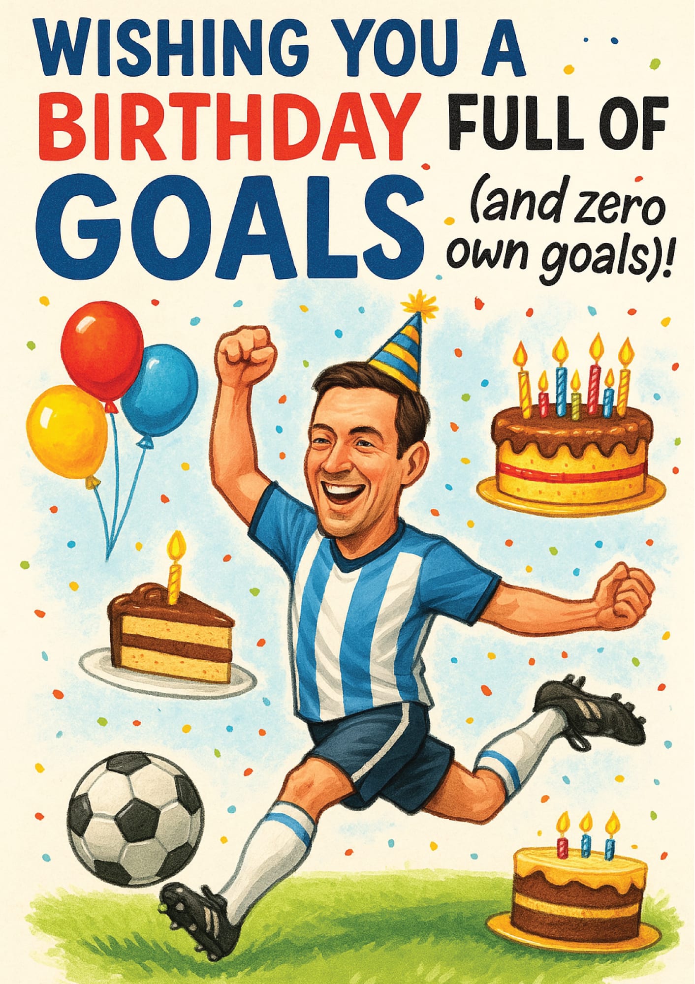 Birthday card with soccer player celebrating, surrounded by balloons, cakes, and a soccer ball.  A Cows Corner personalised card