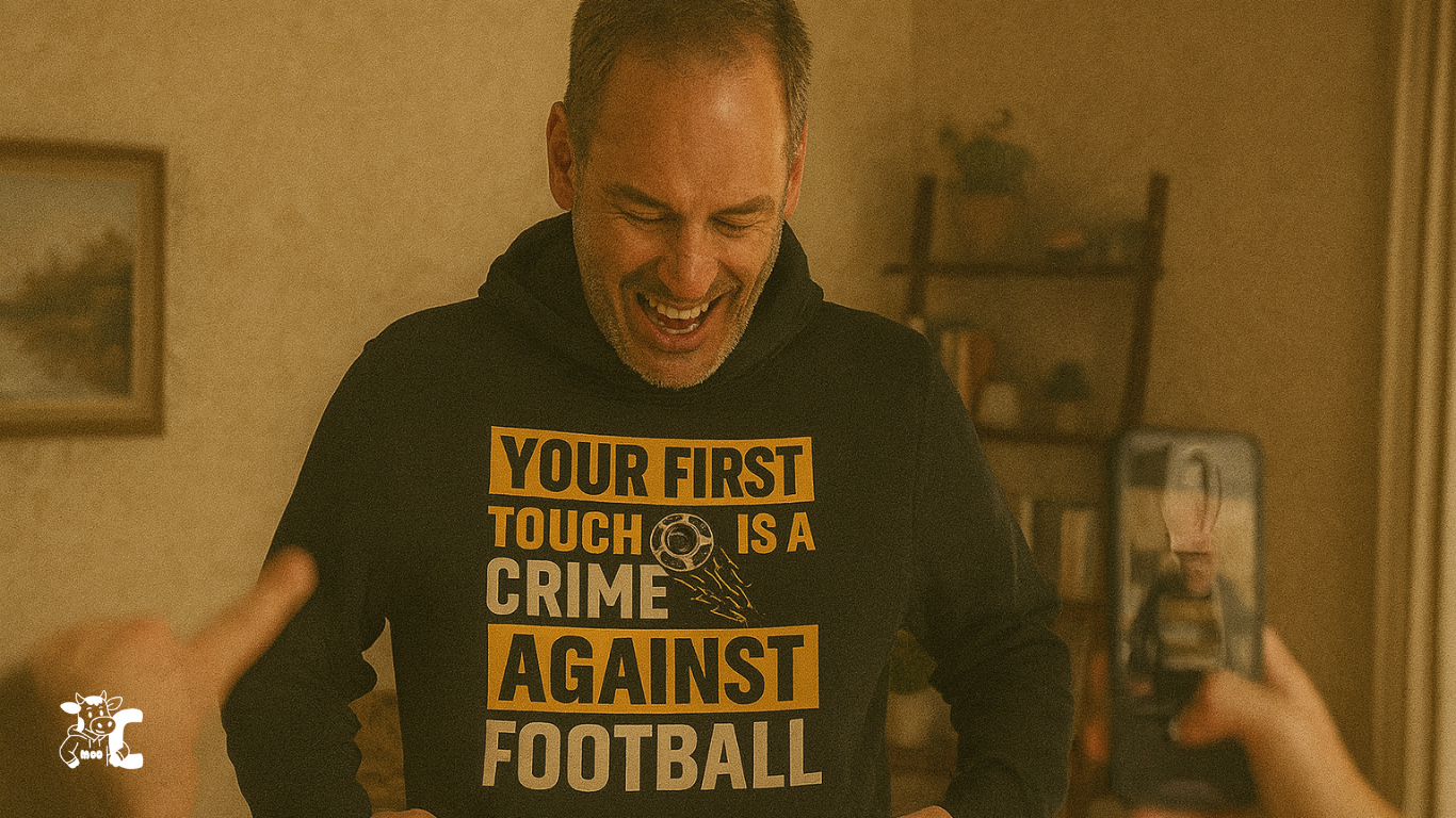 Man wearing a hoodie with a humorous football quote in a casual indoor setting showcasing Cows Corner product