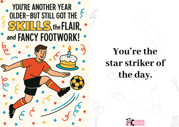 Cartoon of a soccer player with text celebrating a birthday, featuring colorful confetti and a cake.  A Cows Corner personalised card