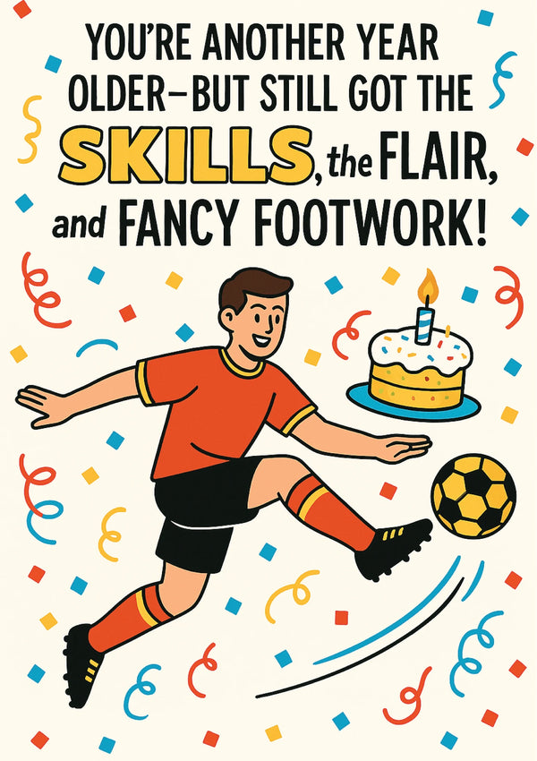 Birthday card with soccer player illustration and celebratory text. A Cows Corner personalised card