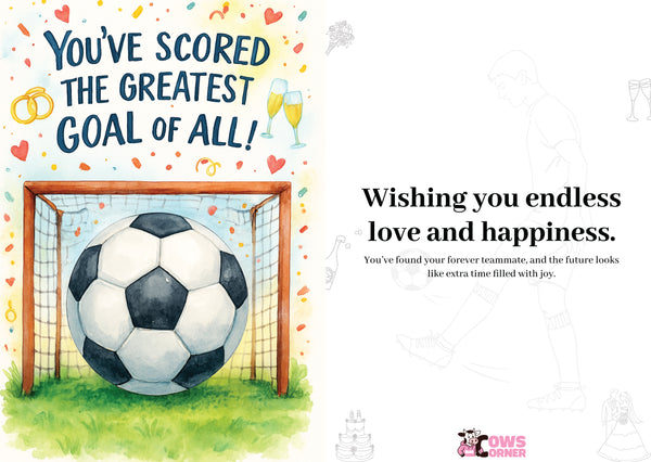 Soccer ball in front of a goal with celebratory text and confetti, featuring a brand logo. A Cows Corner personalised card