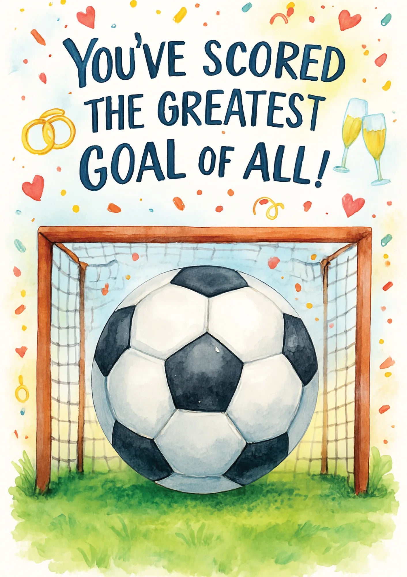 Soccer ball in front of a goal with celebratory text and graphics on a white background. A Cows Corner personalised card