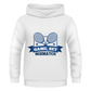 A white hoodie that has a funny tennis slogan on the front that reads 'Game, Set, Mismatch'