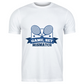 A white t-shirt that has a funny tennis slogan on the front that reads 'Game, Set, Mismatch'
