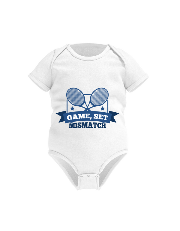 A white baby grow with the funny tennis slogan on the front that reads 'Game, Set, Mismatch'