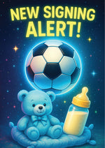 Soccer ball, teddy bear, and baby bottle with 'New Signing Alert!' text on a starry night background. A Cows Corner personalised card