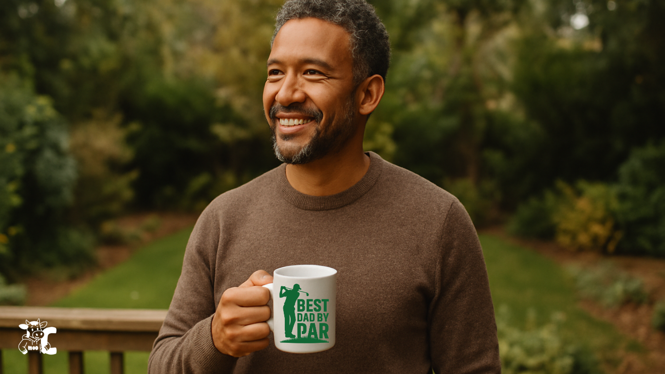 Man holding a mug with text outdoors showcasing Cows Corner product