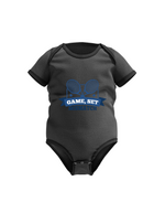 A black baby grow with the funny tennis slogan on the front that reads 'Game, Set, Mismatch'